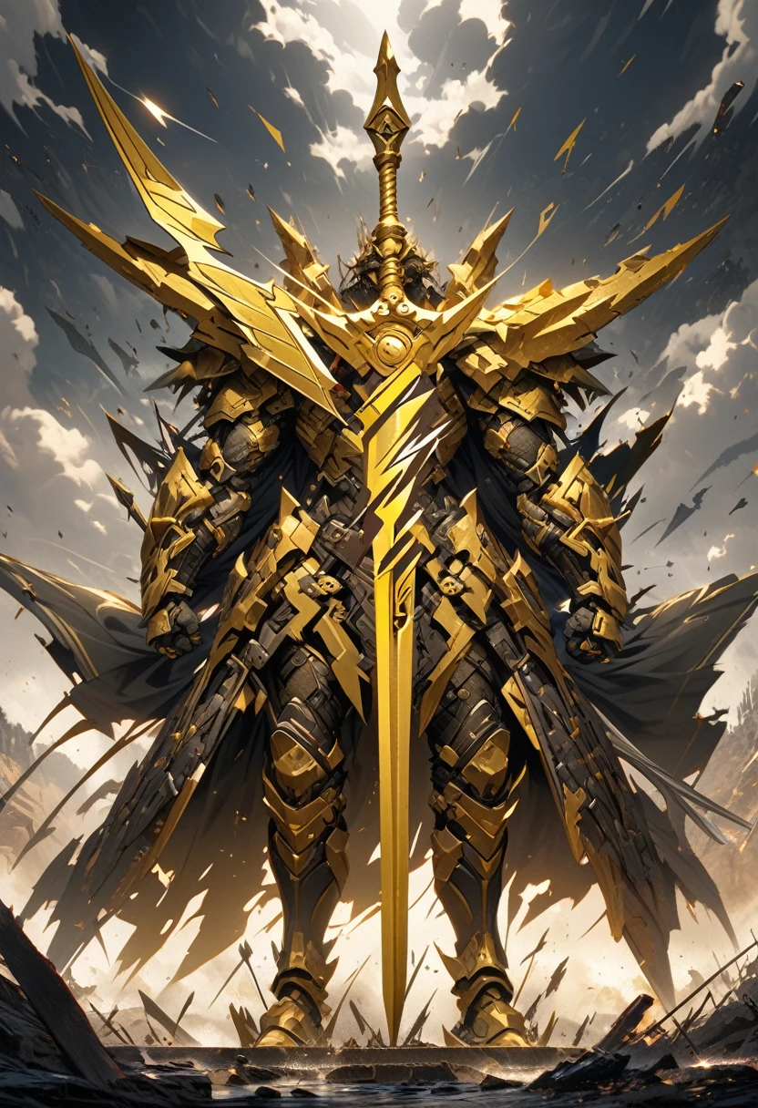 an extremely detailed 4k picture of a spear with a blade in the shape of a lightning bolt made of yellow steel