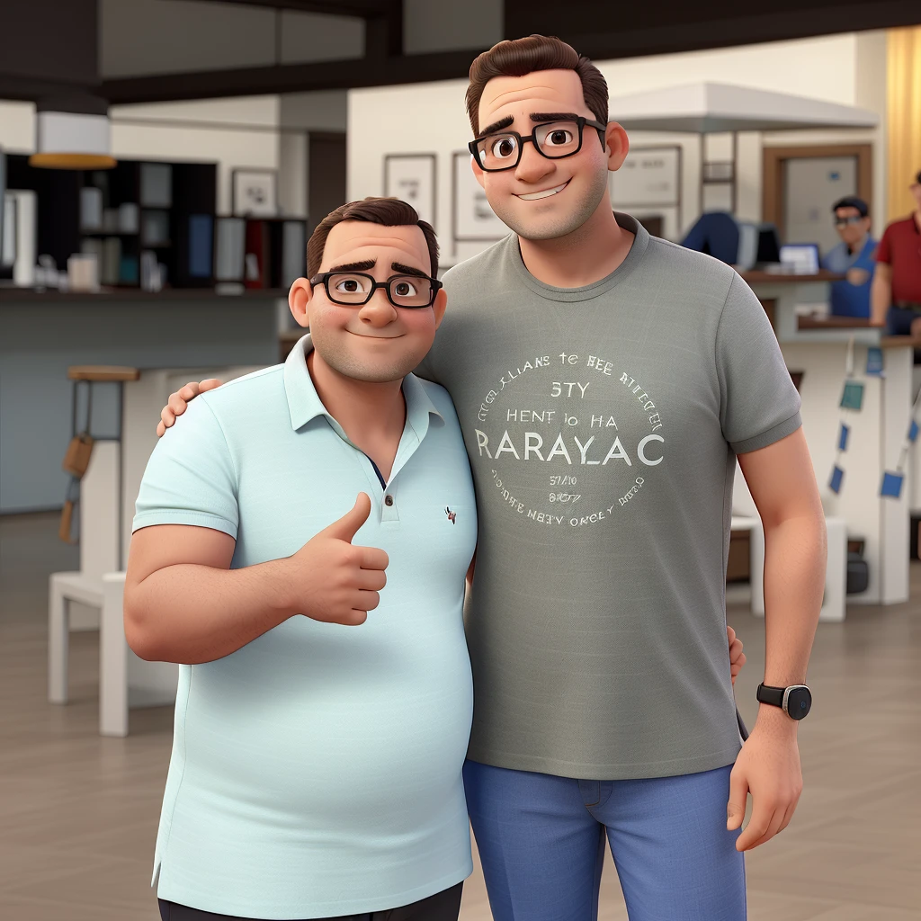two mens, a short and fat, with little hair wearing polo shirt, with an average of 50 years old wearing square glasses, the other man is a tall, thin young man with an average age of 25 wearing round glasses
