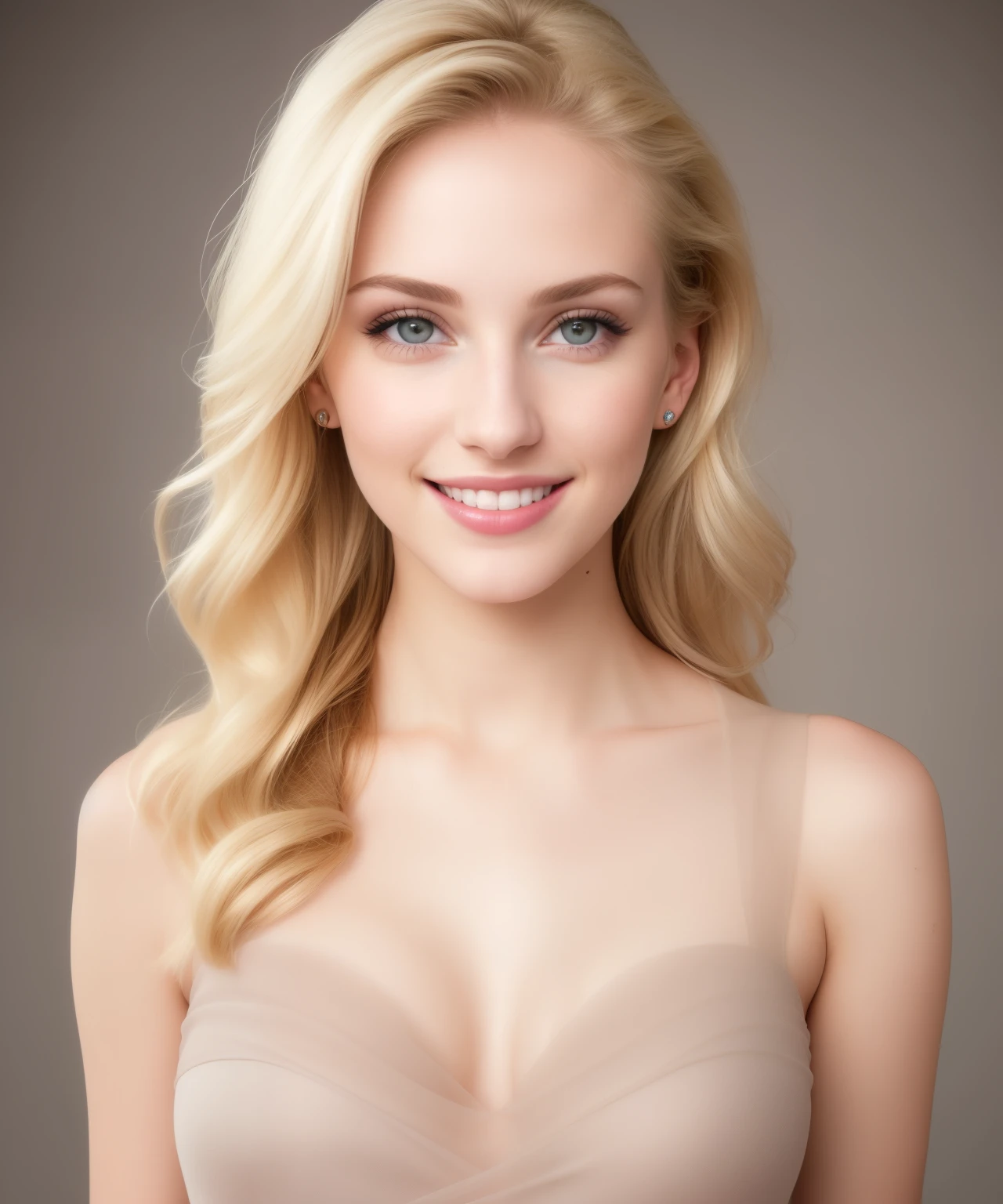 fashion model 25 years old, full body, sexy look, perfect eyes, perfect iris, perfect lips, perfect teeth, perfect skin, soft front light, glow, HDR, (muted colors:1.2) blond, cute smile, transparent dress, portrait, hyper realistic, Nikon high end camera, perfect smile hyper realistic skin, "it is okay" face