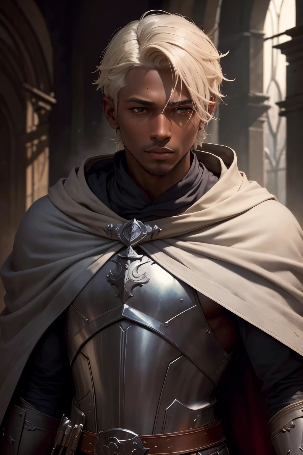 ((best qualityer)),((work of art)),(detailded) 1 medieval adventurous man,(dark skin color )Short Blonde Hair,scar on the face,Gray cloak, archerqueen(worn cloak) clear lighting,detailed shadows