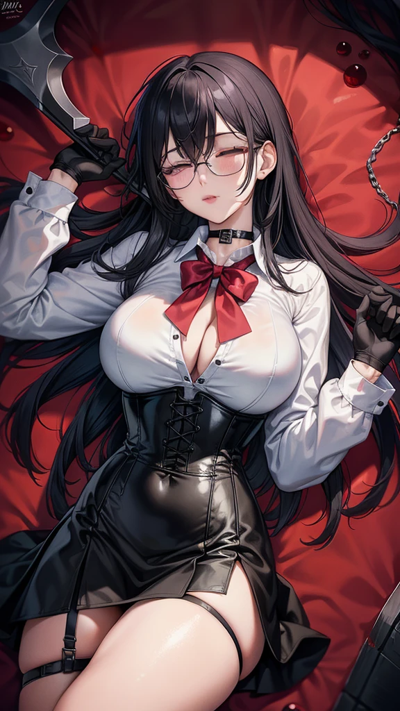 ((blood droplets)), ((blood)), ((blood splatter)), ((blood on clothes)), ((blood stain)), Masterpiece, Beautiful art, professional artist, 8k, art style by sciamano240, Very detailed face, Detailed clothing, detailed fabric, 1 girl, View from above, lying completely on the ground, perfectly drawn body, legs open, (very big breasts), dead expression, lifeless, pale skin, beautiful face, long black hair, Closed eyes, pink cheeks, glasses, choker:1.6, (white collar button down long sleeve shirt), black gloves, gloves that cover hands, (holding an ax in his right hand), (black leather corset), (shiny black tight mini skirt), Sensual Lips , evening de invierno, Dark road, dark forest, evening, Atmosphere, fog