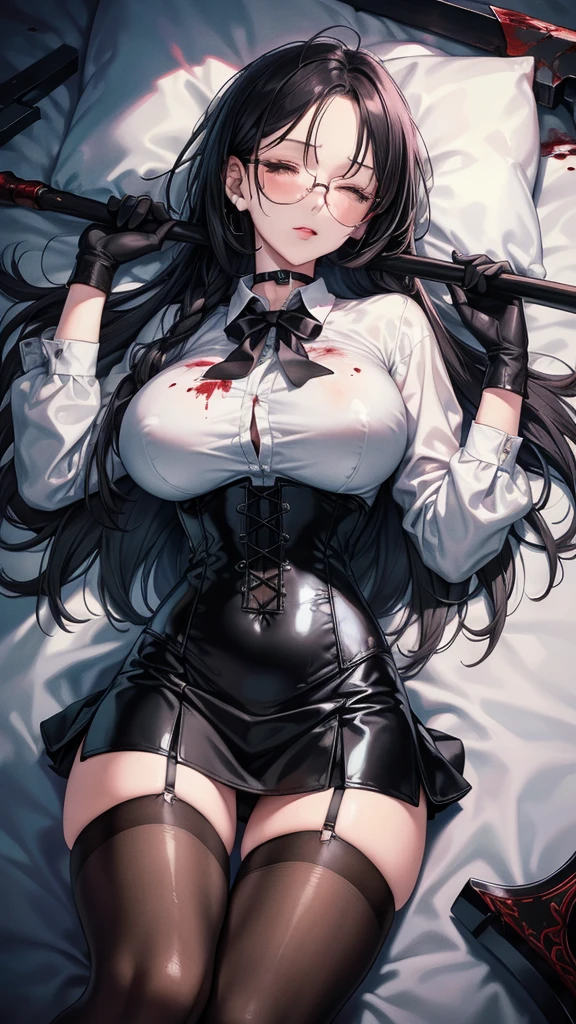 ((blood droplets)), ((blood)), ((blood splatter)), ((blood on clothes)), ((blood stain)), Masterpiece, Beautiful art, professional artist, 8k, art style by sciamano240, Very detailed face, Detailed clothing, detailed fabric, 1 girl, View from above, lying completely on the ground, perfectly drawn body, legs open, (very big breasts), dead expression, lifeless, pale skin, beautiful face, long black hair, Closed eyes, pink cheeks, glasses, choker:1.6, (white collar button down long sleeve shirt), black gloves, gloves that cover hands, (holding an ax in his right hand), (black leather corset), (shiny black tight mini skirt), Sensual Lips , evening de invierno, Dark road, dark forest, evening, Atmosphere, fog