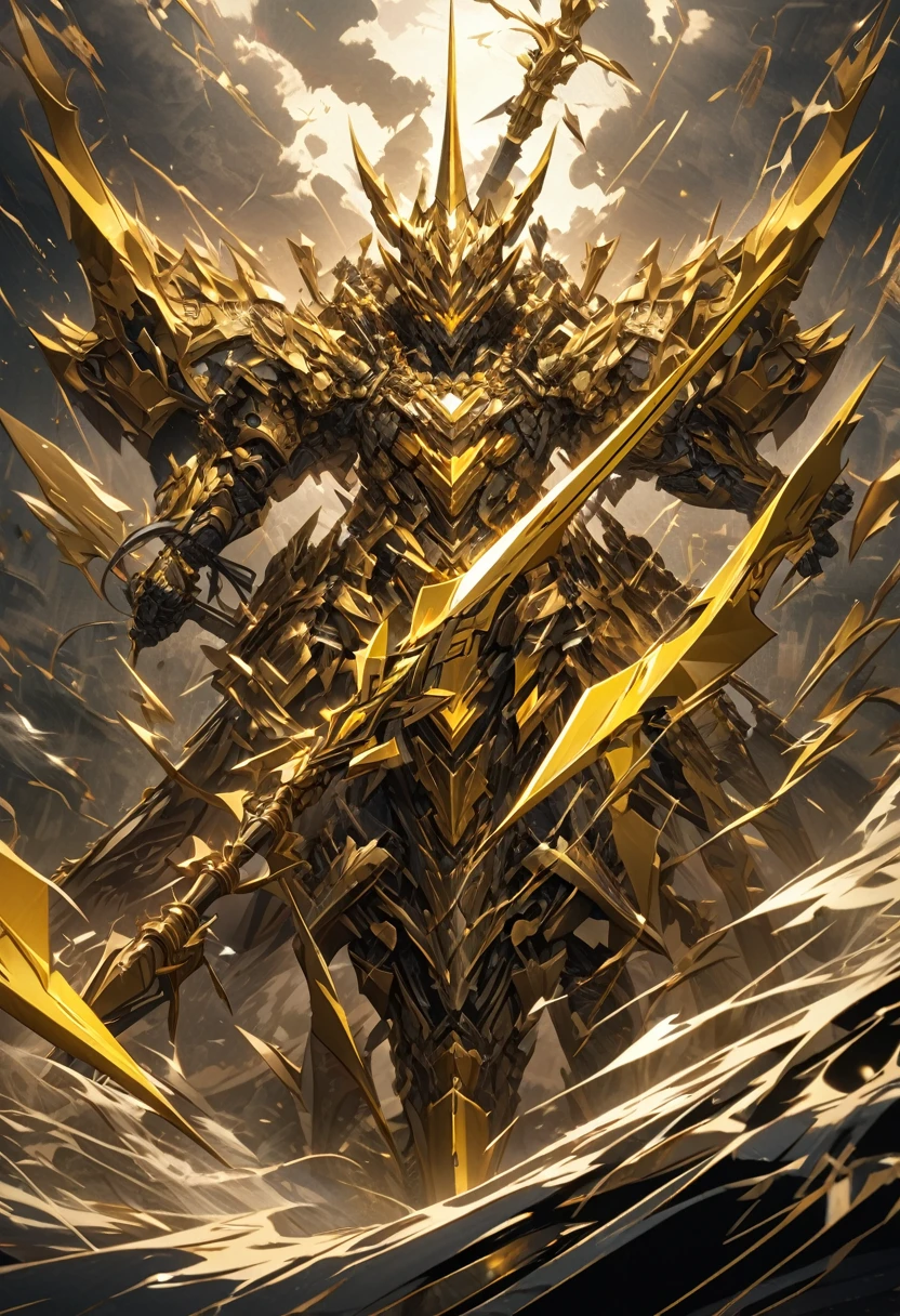 an extremely detailed 4k picture of a spear with a blade in the shape of a lightning bolt made of yellow steel