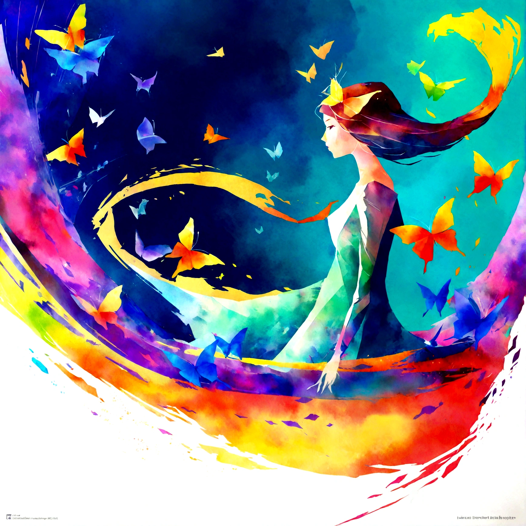A masterpiece of vector graphics,
Best quality and high resolution, chaos, elegant, Vivid colors, Atmospheric, profile picture of a girl , elegant, butterflies, blooming flowers, Moving, dramatic, Full body, organic composition, aquarell