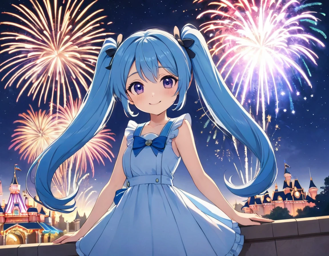 Disneyland Fireworks、Colorful fireworks、One girl,Expose the whole body,Nice face,Dark Eyes、Light blue long hair、Beautiful girl with twin tails,Fireworks across the sky、Bright smile、Warm and soft lighting,Night Sky,Starry Sky