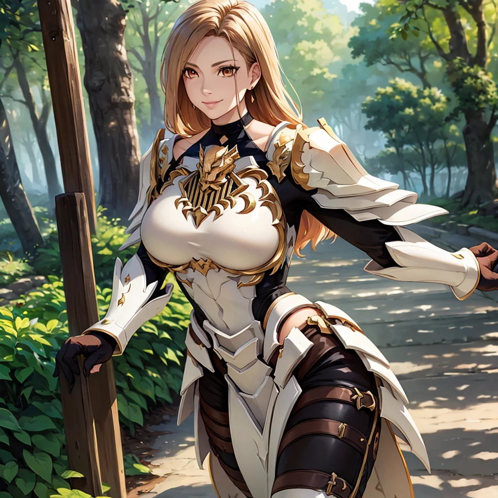 a woman wearing very heavy white armor with gold trim, wearing a dark brown hunting suit, squeezing, long beige hair, orange eyes, smiling, big breasts, in a fantasy forest, walking on a concrete walkway, holding a shield,HDR, masterpiece, well defined, ultra resolution, high quality, 8k HD. (just a woman, solo)
