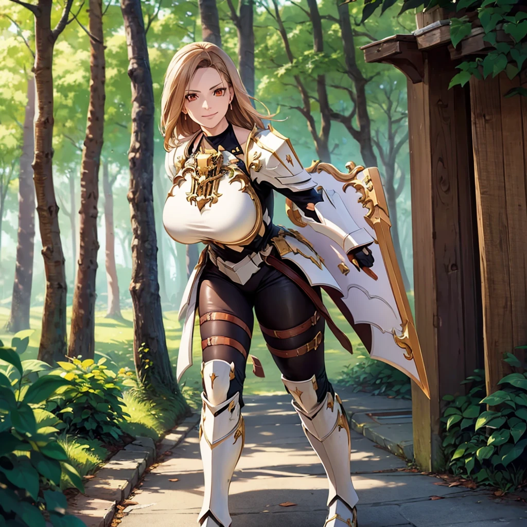 a woman wearing very heavy white armor with gold trim, wearing a dark brown hunting suit, squeezing, long beige hair, orange eyes, smiling, big breasts, in a fantasy forest, walking on a concrete walkway, holding a shield,HDR, masterpiece, well defined, ultra resolution, high quality, 8k HD. (just a woman, solo)
