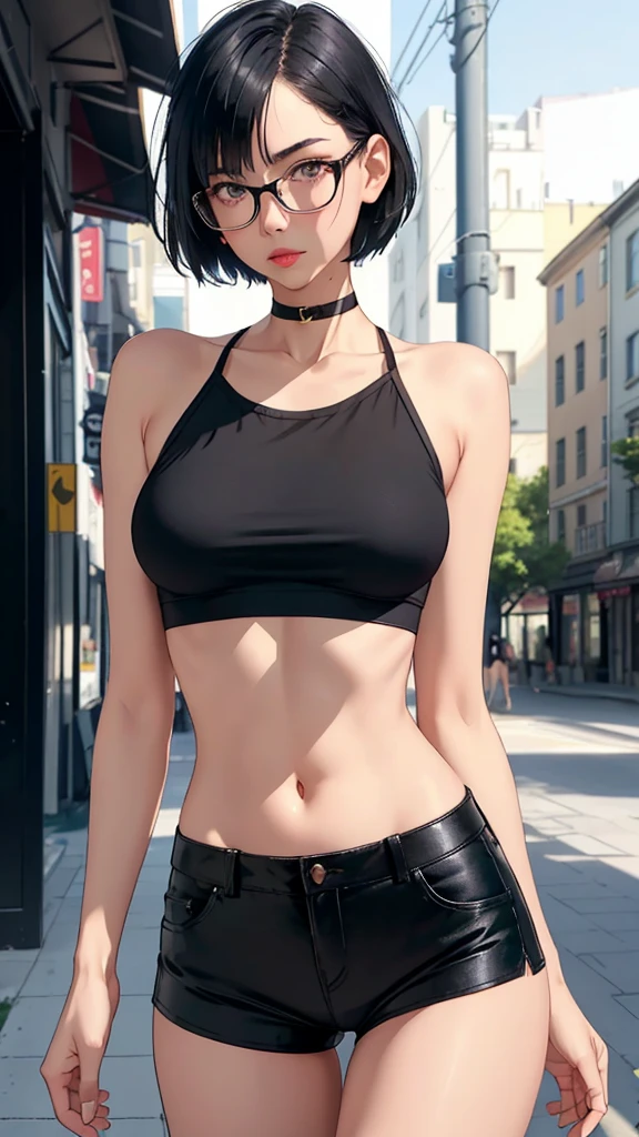 realistic, 1girl, very thin and slender, black hair, short hair , black crop top, tube top, black shorts, parted lips, blush, night, stone archway, oversized black framed glasses, thick frames, folding her hands in front of her