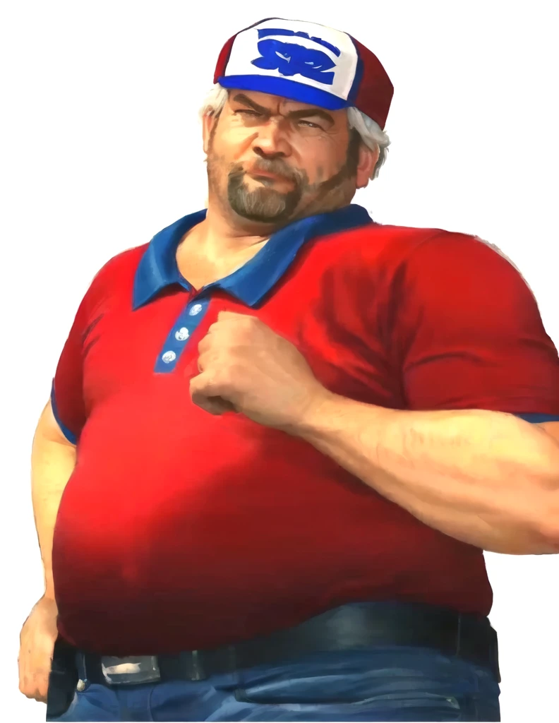a close up of a man wearing a red shirt and blue jeans, as a character in tekken, beefy, portrait of hide the pain harold, bud spencer with a goatee, Out Run 2 flagman, 2 k, 2k, muscular bernie sanders, buff man, character from king of fighters, robust stocky body, hide the pain harold, name of character is flagman, wise face