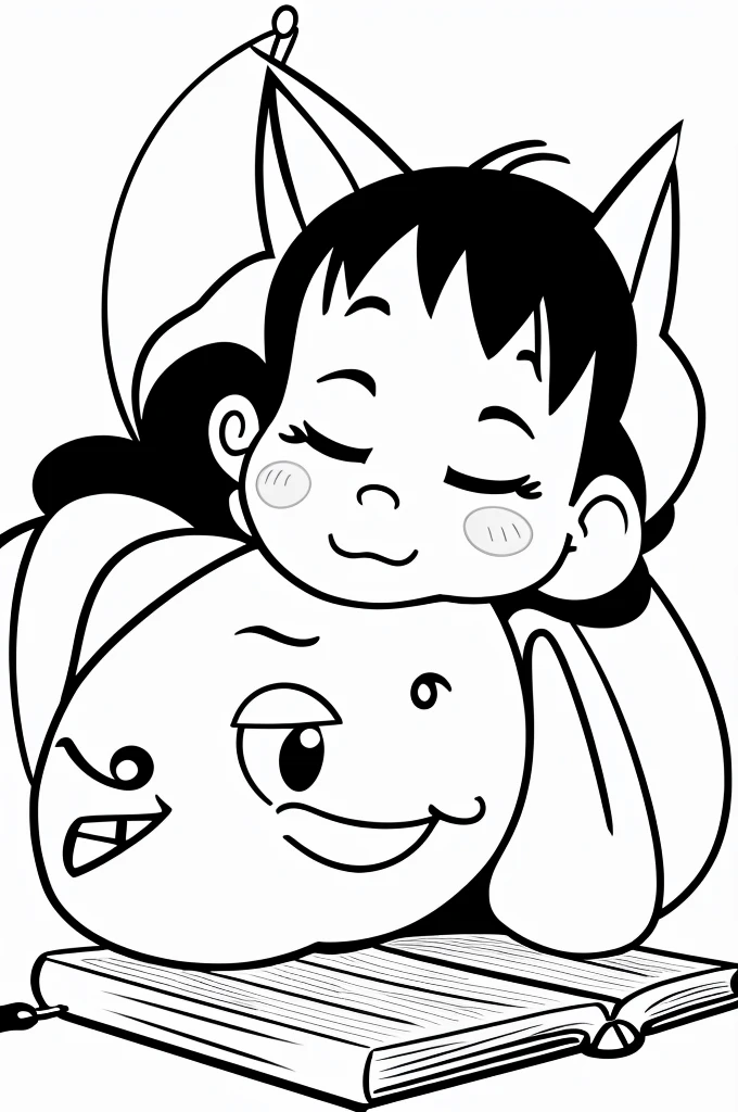 Bored and tired, cute and funny, with black pencil and dash, black and white, sleeping with book on face, walking with hanging ears, trying to open eyes, sleeping while drawing, cartoon and digital style