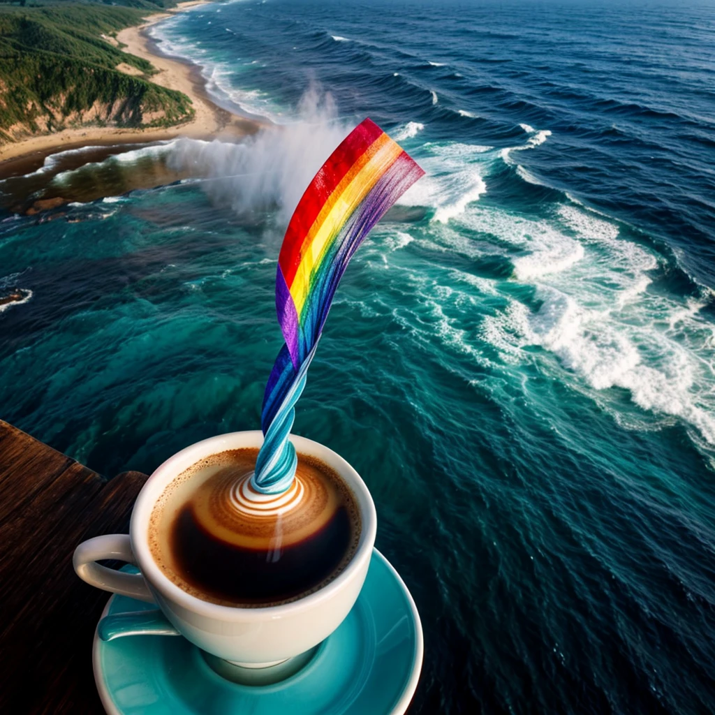 Sea, rainbow tornado in a coffee cup, view from above
