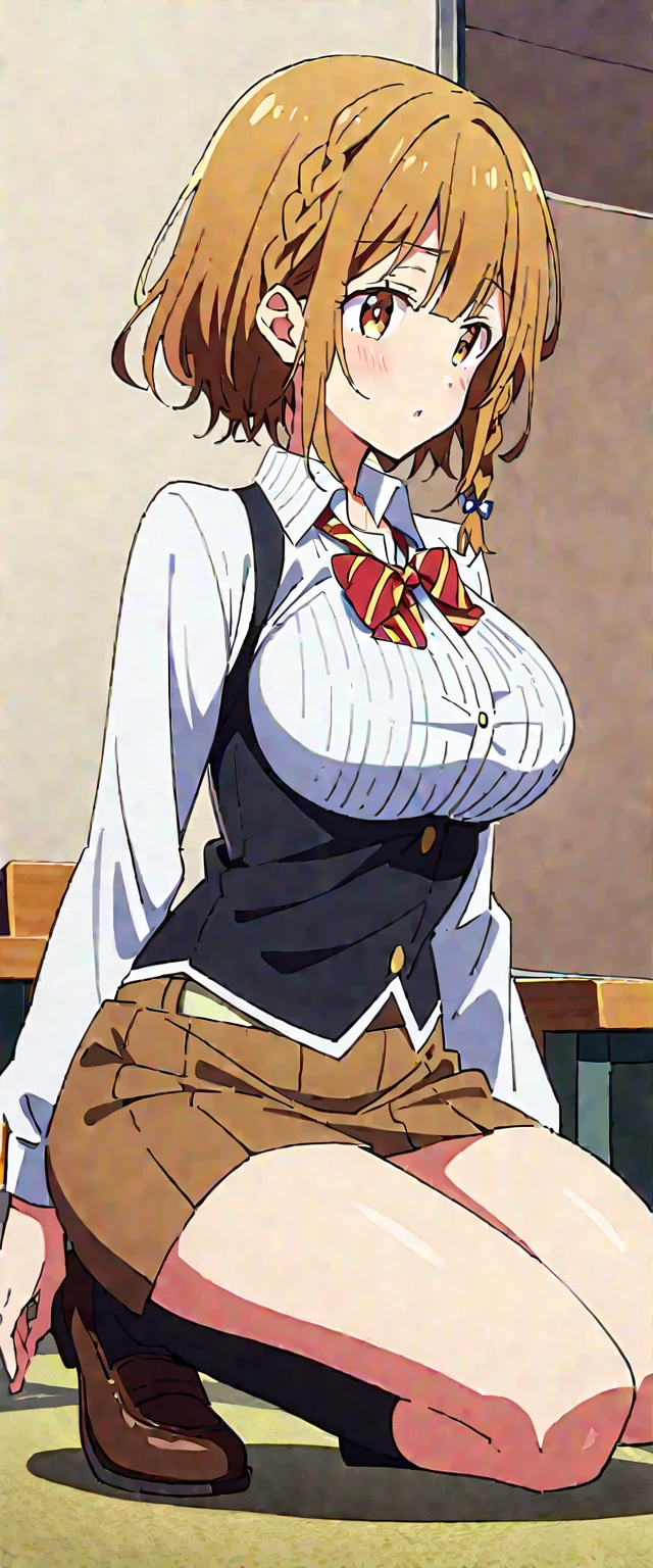 32k, chica estilo anime, cowboy shot, yoshino_koiwai, brown hair, yellow eyes, short hair, braid, side braid, single braid, bangs, big breast, tits, hair ornament, bow, bowtie, cian panties, blushing,wearing a brown miniskirt with squares, blue yersey with a white shirt, with a red tie, squatting on the floor, blushing, in a classroom.