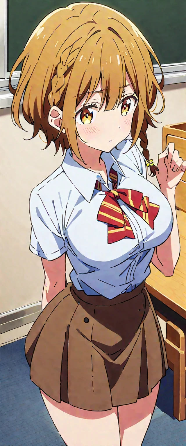32k, chica estilo anime, cowboy shot, yoshino_koiwai, brown hair, yellow eyes, short hair, braid, side braid, single braid, bangs, big breast, tits, hair ornament, bow, bowtie, cian panties, blushing,wearing a brown miniskirt with squares, blue yersey with a white shirt, with a red tie, squatting on the floor, blushing, in a classroom.