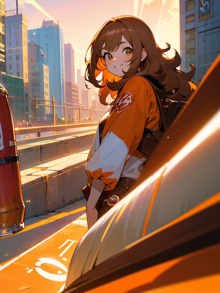 (super heroina, smiling, lively, design anime, No hero, chestnut hair, lightbrown eyes, Coke, bangs between eyes, orange ray power, takes de heroin, city scenery, rosy cheeks)