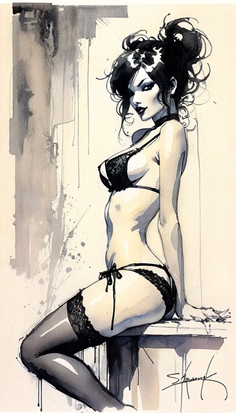 eroticism, sexy, lingerie, tmari, sketch, traditional media, pen drawing, white background (art inspired by Bill Sienkiewicz). oil painting)
