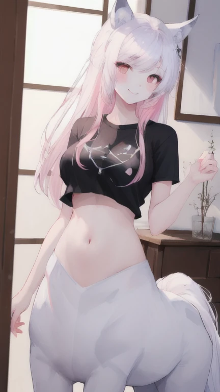 (best quality, masterpiece), 1 girl, centaur, It takes, White skin, Korean woman, black pink,Smiling, exposing the abdomen, belly button t-shirt , 아름다운 소녀 perfect wolf photo, perfect wolf photo