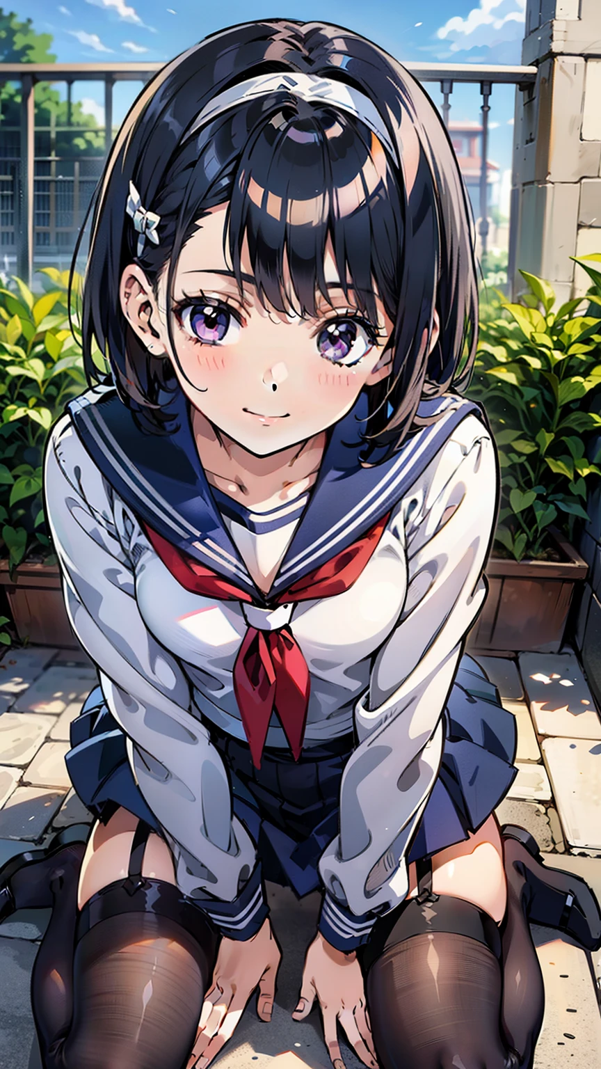 sailor uniform, One Woman, (A beauty woman, Delicate high school girl:1.3), 8K, highest quality, masterpiece, Very detailed, Ultra-high resolution, Realistic, RAW Photos, Absolute Resolution, Black Hair, Bobcut, Small face compared to body, Very small face, Black Hair, ((Navy blue sailor suit)), Navy Blue Skirt, High school girl in sailor suit, 2D Rendering of Anime, ((White headband)), Small breasts, tall, Slanted Eyes, Purple Eyes, Black Stockings, garter belt, Embarrassed smile, garden, (Thinking pose:1.3), (Top-down position:1.3), blurry background,