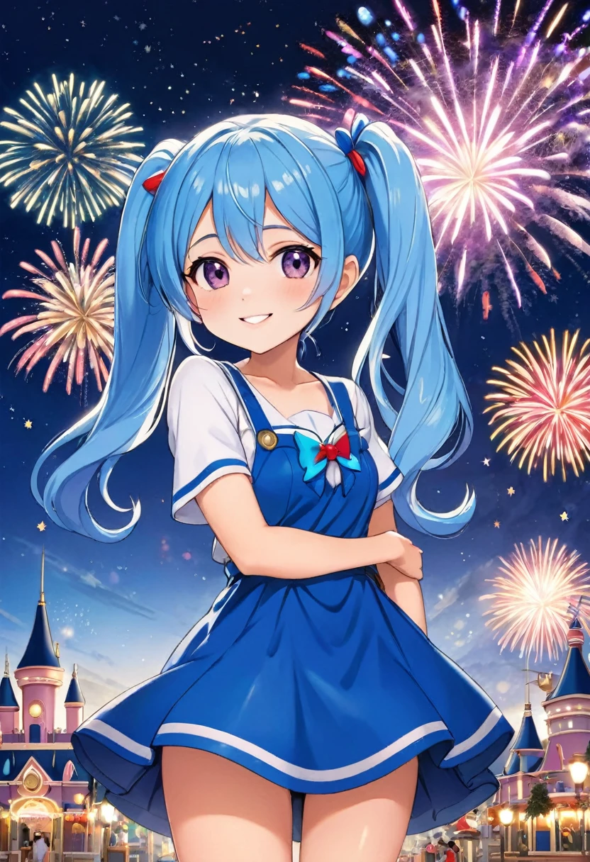 Disneyland Fireworks、Colorful fireworks、One girl，Expose the whole body，Nice face，Dark Eyes、Light blue long hair、Beautiful girl with twin tails，Fireworks across the sky、Bright smile、Warm and soft lighting，Night Sky，Starry Sky