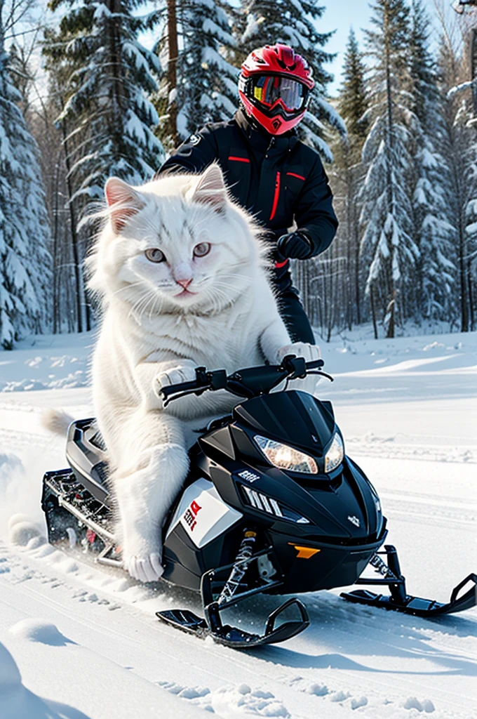 Chubby white kitten excitedly riding snowmobile