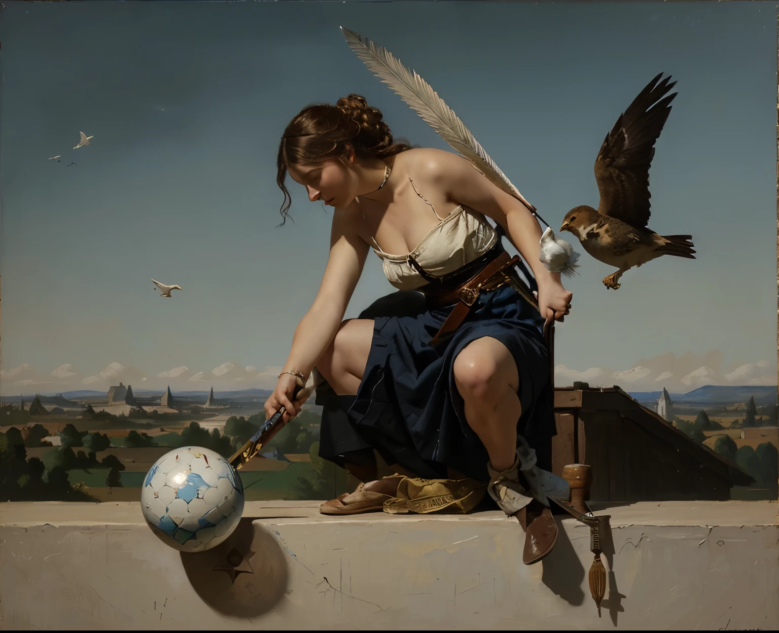 painting of a woman with a sword and a ball with a bird flying over her, inspired by Mathieu Le Nain, inspired by Carl Heinrich Bloch, inspired by Luc-Olivier Merson, inspired by Gustave Boulanger, by Jens Juel, inspired by Jens Juel, inspired by Cornelis Engebrechtsz, by Mathieu Le Nain