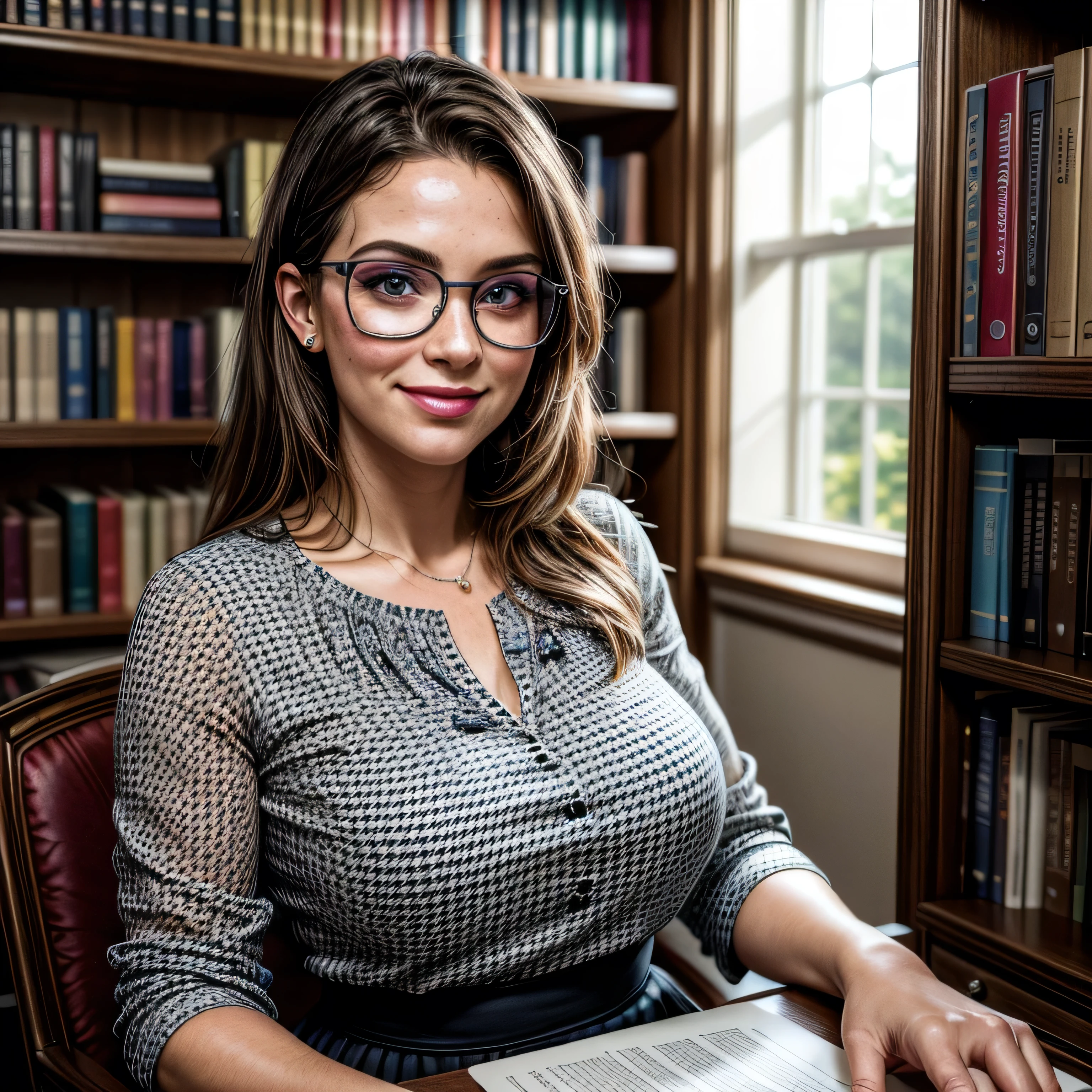 (masterpiece, photorealistic:1.4, extremely intricate:1.3), (photon mapping, radiosity, physically based rendering, ultra resolution, hyper-realistic, 8K), mature librarian, glasses, smiling, 40 years old, plus sized, big, [brown hair:dark hair tips:0.5] wearing a blue black patterned blouse, houndstooth black white skirt, portrait, closeup, sitting at her desk in the library, books, dim lighting, shadows, makeup:1.2, [skin detail:freckles:0.7]