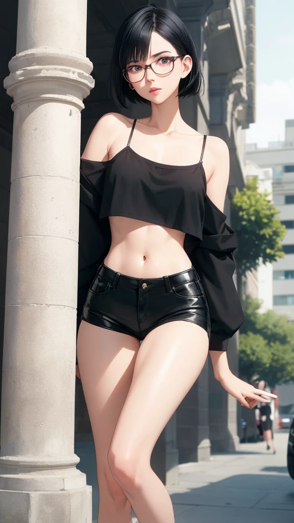 realistic, 1girl, very thin and slender, black hair, short hair , black crop top, tube top, black shorts, parted lips, blush, night, stone archway, oversized black framed glasses, thick frames, folding her hands in front of her