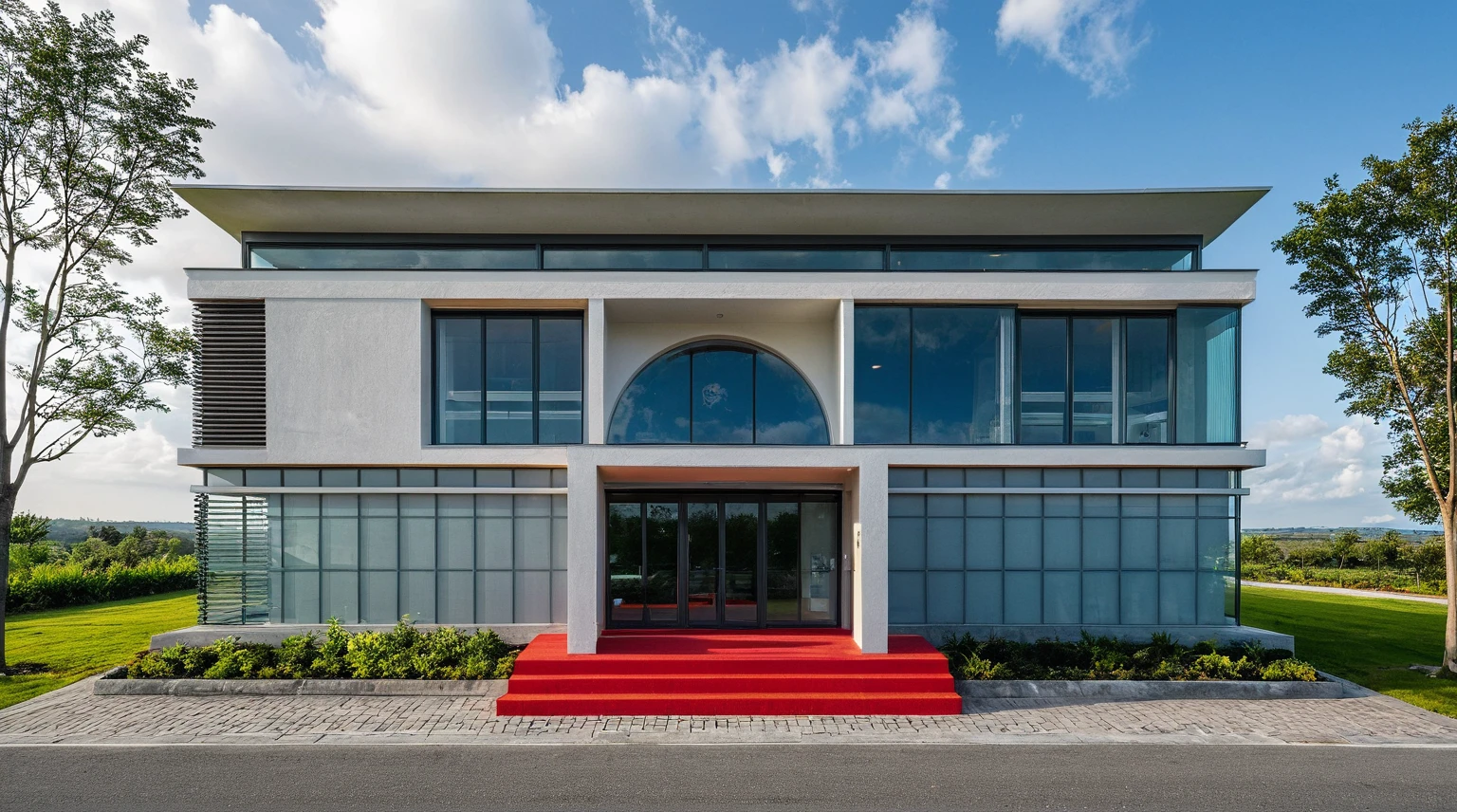 Masterpiece, high quality, best quality, authentic, super detail, outdoors, onestoreyvillaXL, aiaigroup, office style modern on the street ,stairs, red roof, glass door, white wall ,road,pavement, grass, trees, sky, cloud, (daylight:1.1)
