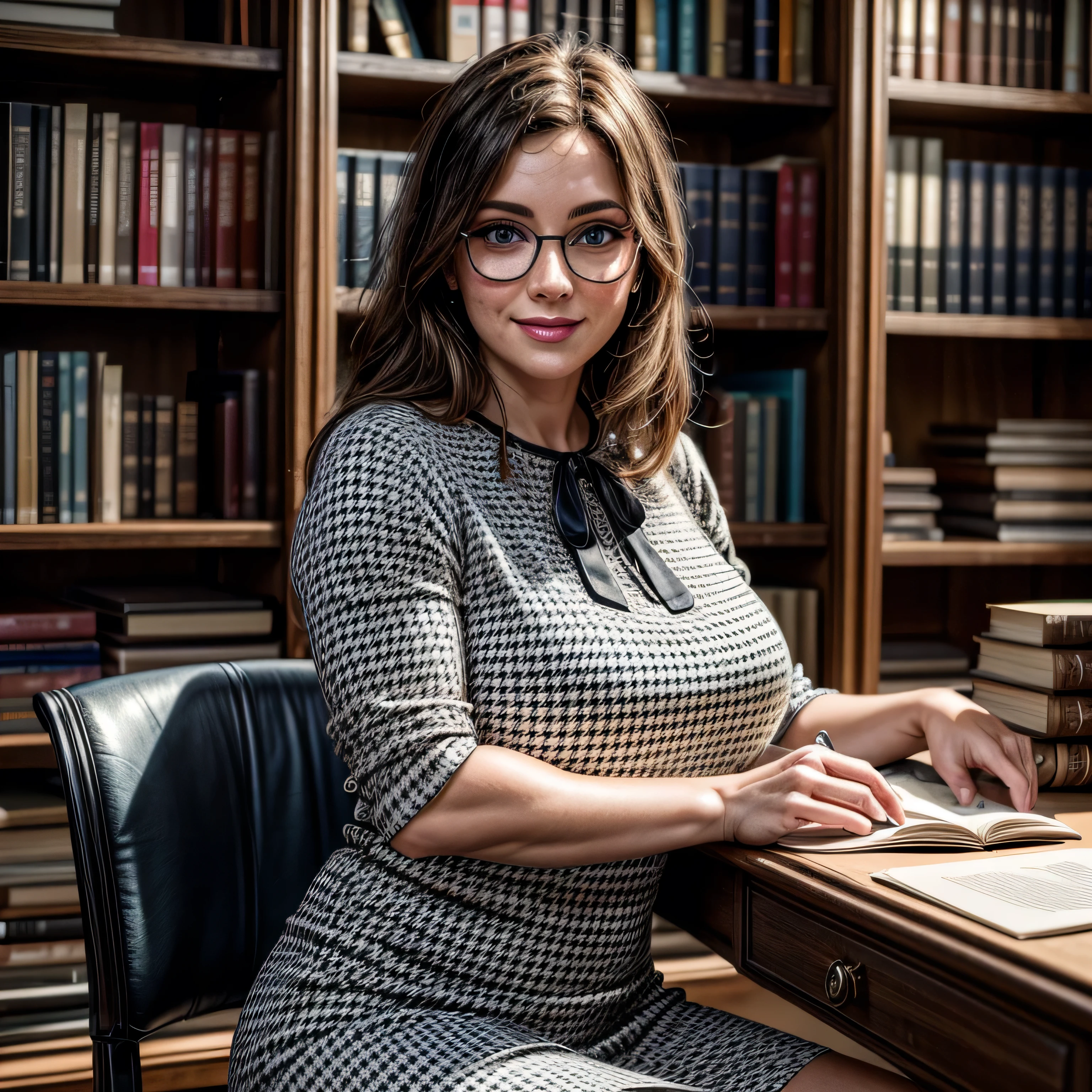 (masterpiece, photorealistic:1.4, extremely intricate:1.3), (photon mapping, radiosity, physically based rendering, ultra resolution, hyper-realistic, 8K), mature librarian, glasses, smiling, 40 years old, plus sized, big, [brown hair:dark hair tips:0.5] wearing a blue black patterned blouse, houndstooth black white skirt, portrait, closeup, sitting at her desk in the library, books, dim lighting, shadows, makeup:1.2, [skin detail:freckles:0.7]
