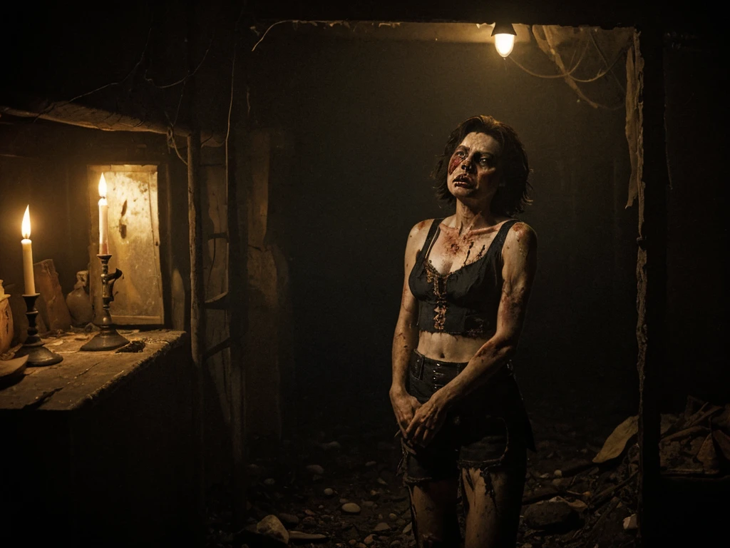 (dutch angle:1.4), (cowboy shot:1.4), (Short brunette hair), beautiful female, trying desperately to  escape,  in a chilling scene from a reimagined "Hostel" film, (intense eroticism:1.6) intertwined with horror, smeared with dirt and blood, (tattered tank top:1.4), trapped in a dark, menacing basement, chiaroscuro lighting illuminating her fear-stricken face, a ([macabre] yet seductive:1.4) atmosphere, echoes of Caravaggio's dramatic intensity, raw, sadistic peril around every corner.