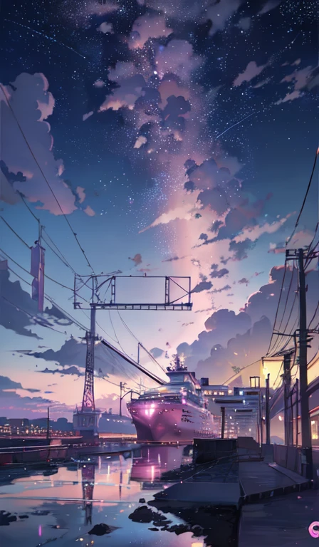 anime scene of a cruise ship moving away from the coast under a pink and purple sky, an anime drawing by Makoto Shinkai, trends on pixiv, magical realism, cute anime dinner, cosmic skies. por Makoto Shinkai, ( ( makoto shinkai ) ), por Makoto Shinkai, anime background art, style of makoto shinkai