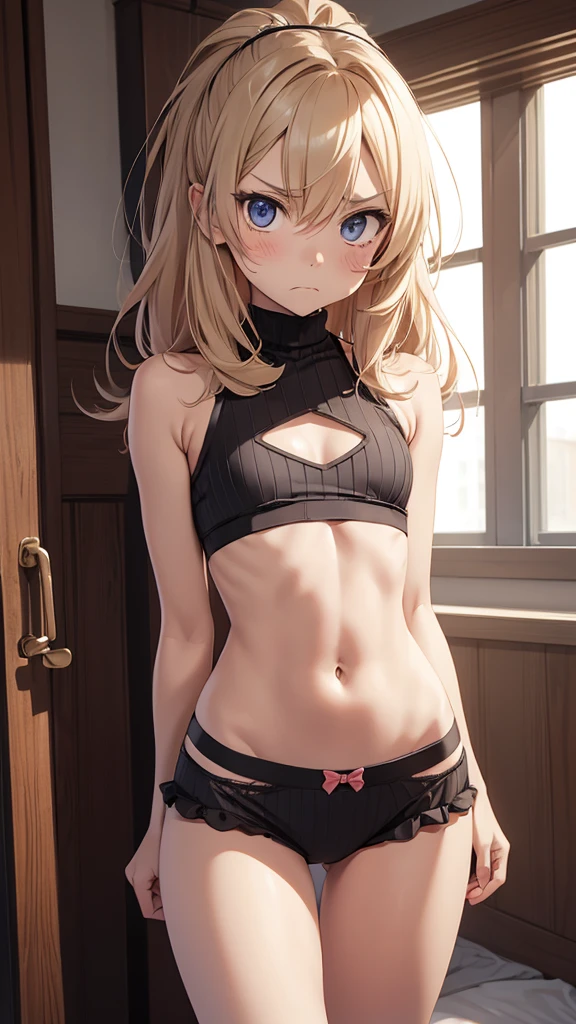 A Small Anime Girl With Visible Ribcage and A Very detailed Toned Stomach, Wearing Cute Underwear, Annoyed Face