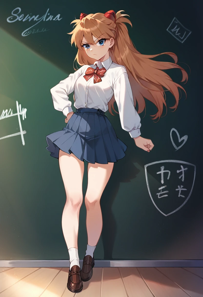 best quality, masterpiece, anime girl , young girl, 24 years old, thick legs , 1girl, bangs,long hair, serious face, perfect shot, perfect anatomy, souryuu_asuka_langley, skirt, classroom background, full body, solo girl, 4k, high resolution , detailed face, detailed eyes, standing, illustration, digital art