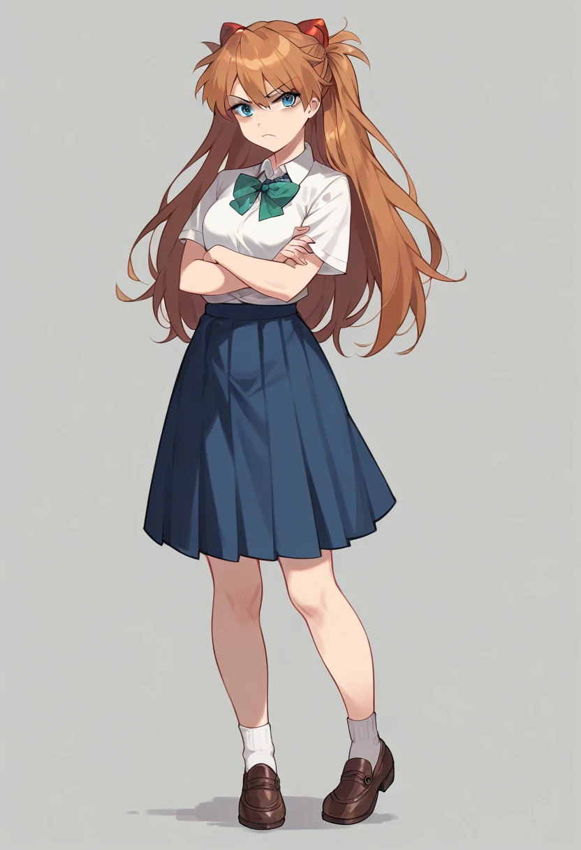 best quality, masterpiece, anime girl , young girl, 24 years old, thick legs , 1girl, bangs,long hair, serious face, perfect shot, perfect anatomy, souryuu_asuka_langley, skirt, classroom background, full body, solo girl, 4k, high resolution , detailed face, detailed eyes, standing, illustration, digital art