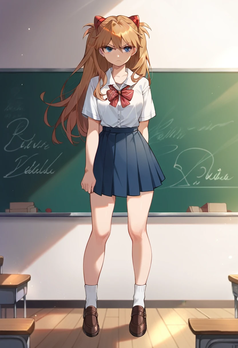 best quality, masterpiece, anime girl , young girl, 24 years old, thick legs , 1girl, bangs,long hair, serious face, perfect shot, perfect anatomy, souryuu_asuka_langley, skirt, classroom background, full body, solo girl, 4k, high resolution , detailed face, detailed eyes, standing, illustration, digital art