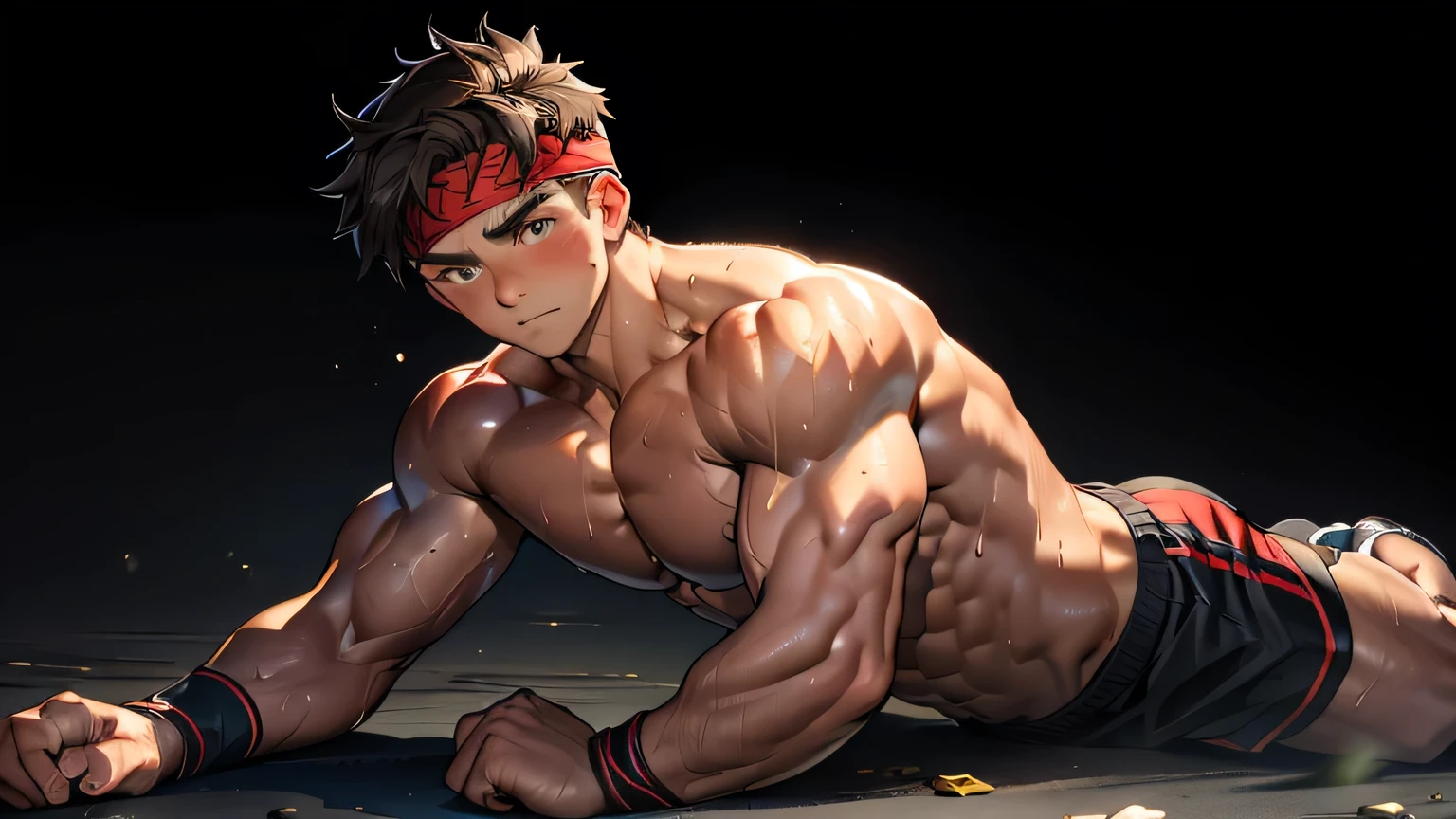 (Masterpiece, Best quality 17 year old boy, black background, standing, ((shoot from front)), bent over), ((((solo, get knocked out, sweat, swoon, defeat, damage, groggy, lying, buttle pose)))), Young, boy, muscler, Shirtless, (Dark Short straight hair, almost completely shaved hair, under cut, brown eyes), (red headband), ((hot Abs:1.2, big breast:1.2, upper arms, jacked muscle, beautiful musculature, aesthetic striations, inspirational physique, lean muscle, square pecs, beautiful v-taper, great abs and torso), Vivid colors, detailed face, detailed muscle, (rippling muscles, buttle)