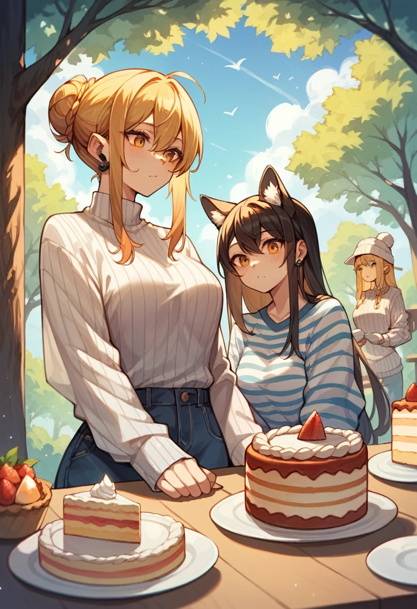 Curvy woman, Orange, cake, promote, Fur hat, Tree, Separate sleeves, White sweater, Hair Bun, Medium Length Hair, Striped shirt, earphone, Multiple girls, Leopard, hair behind ear