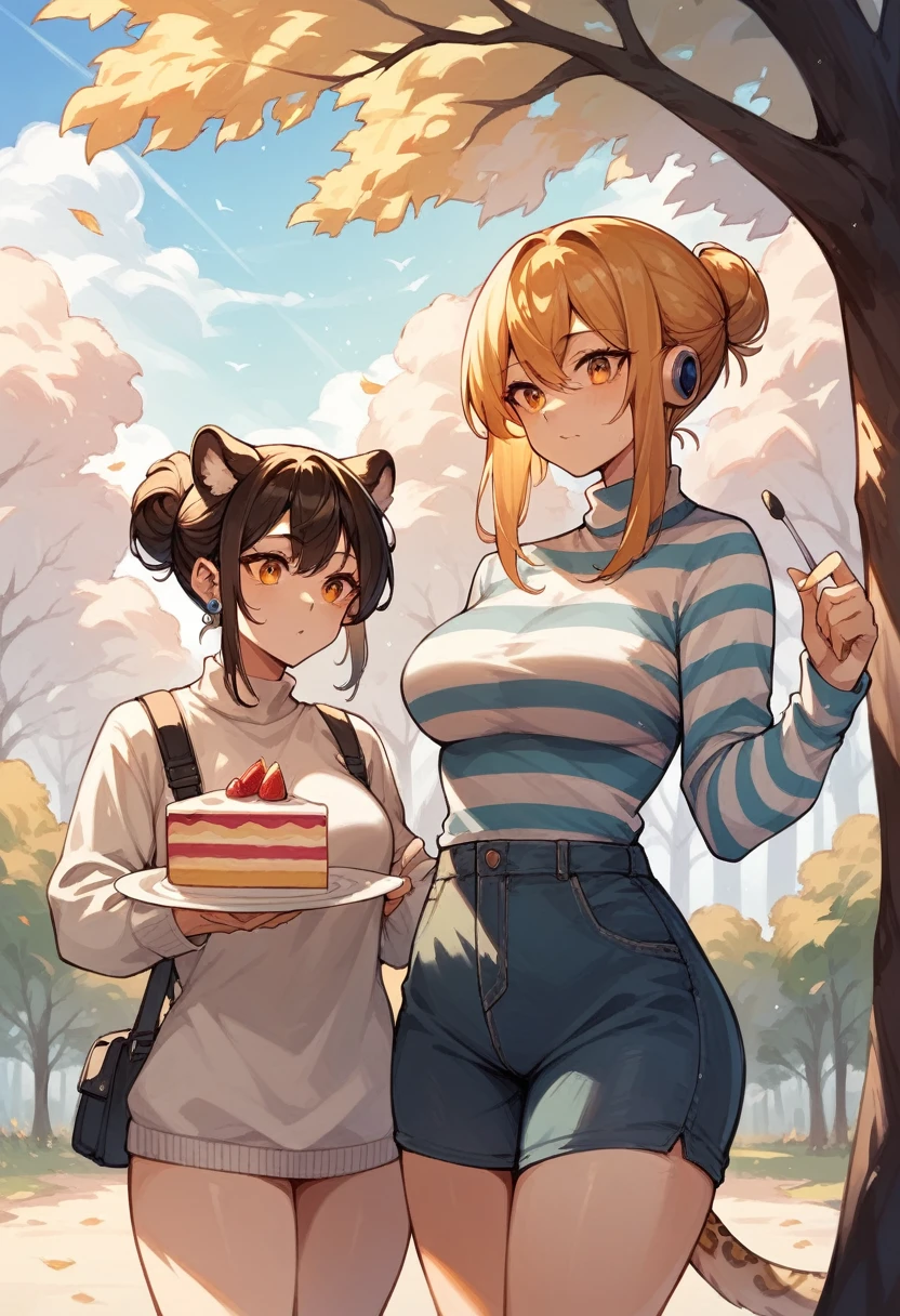 Curvy woman, Orange, cake, promote, Fur hat, Tree, Separate sleeves, White sweater, Hair Bun, Medium Length Hair, Striped shirt, earphone, Multiple girls, Leopard, hair behind ear