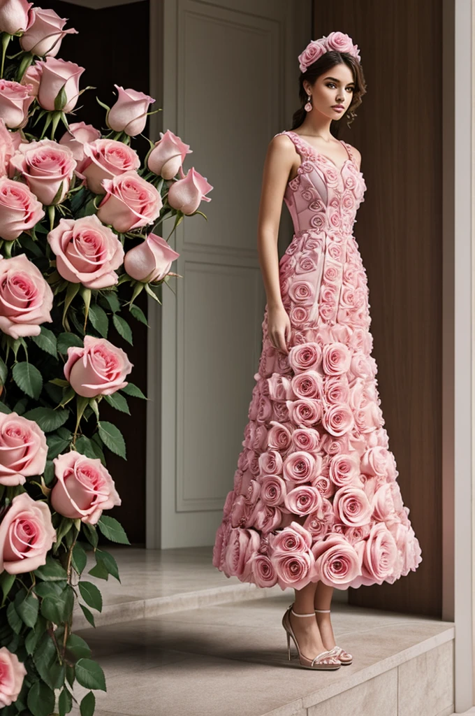 Extraordinary beauty hyperrealistic full body dress made with pink roses