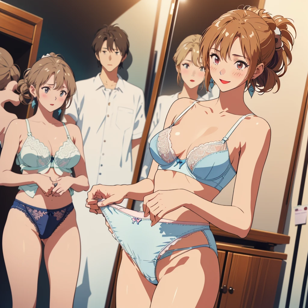 masterpiece, top quality, ultra detailed, ((((AIKA_SUMERAGI, folded ponytail, best anatomy, in underwear, (panties, elaborately designed luxury panties for adults, panties high definition images, draw panties with super precision), lace trimmed bra, extremely detailed texture, earrings, red lip, embarrassed, blush, smile)))), cowboy shot, (((underwear in dressing room))), white skin, (presenting panties), (display panties:1.5),holding panties with both hands