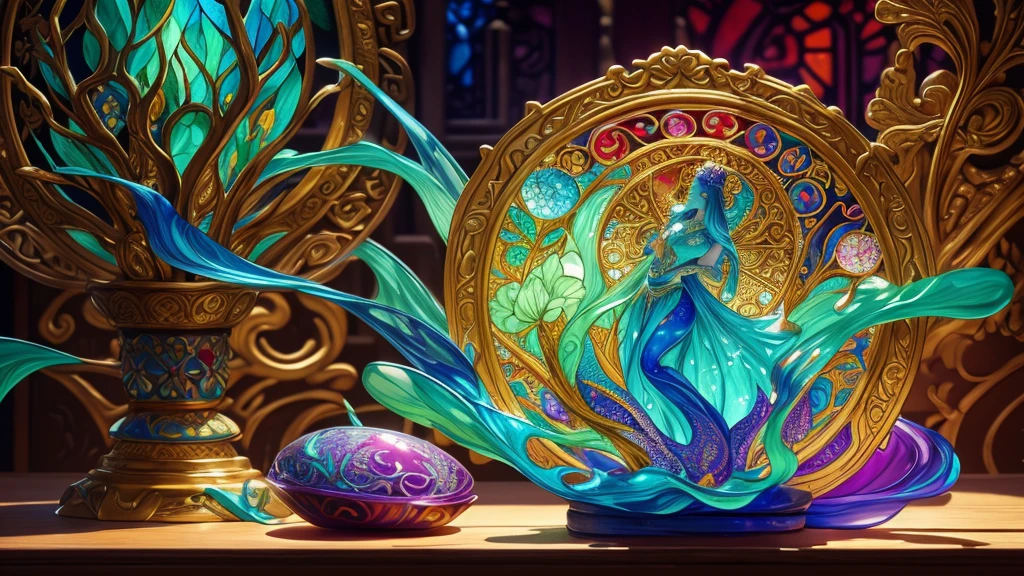 etherdrops, Color, Filigree, Highly Detailed, Intricated, Colorful, Fantasy, "Elegant Detailed Fantasy stained glass figurine" , Physical rendering, Blender, 32k, title shot, Splash Of Color, Multicolored, Intricately Detailed Fluid Tempera Painting Ink Flow, Calligraphy Chinese Ink Color Art, Goldstone aventurine and birchwood 
