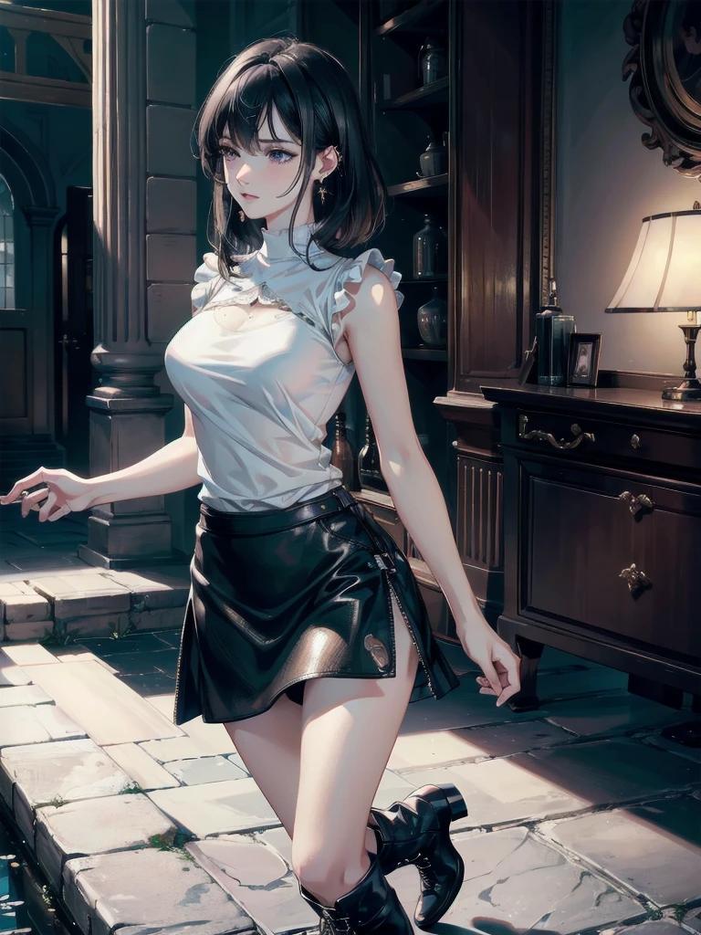 absurdres, RAW photo, extremely delicate and beautiful, masterpiece, Best Quality, ultra high resolution, 32k, hyperrealistic, ultra-detailed, delicate facial features, beautiful detailed woman, tearful mole, earring, medium breasts, full body shot, medium hair, black hair, t-shirt, leather skirt, sleeveless, boots,