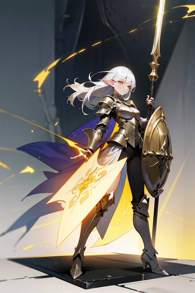 1 woman , elf, pale skin, silver hair, glowing golden eyes, muscule body, full body armor, full body, dungeon background, closed body by armor, hold a spear and shield