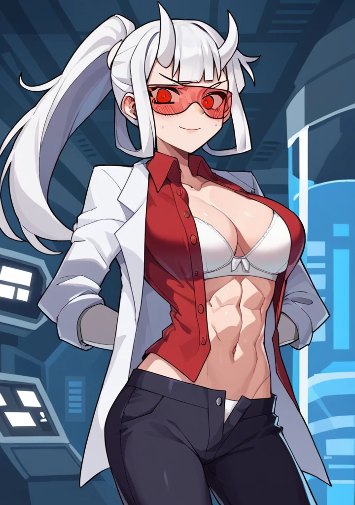 score_8_up, score_7_up, anime screenshot, looking at viewer, clouds
1girl, loremaster (helltaker), horns, long hair, ponytail, white hair, red-tinted eyewear, red unbuttoned shirt, sexy body, formal, black cycling shorts,
standing, looking at viewer, arms behind back, laboratory, Open clothes, unbuttoned shirt, white bra, big chest, abs, bare belly, unbuttoned trousers, full length, (blushes 1.5), bare feet