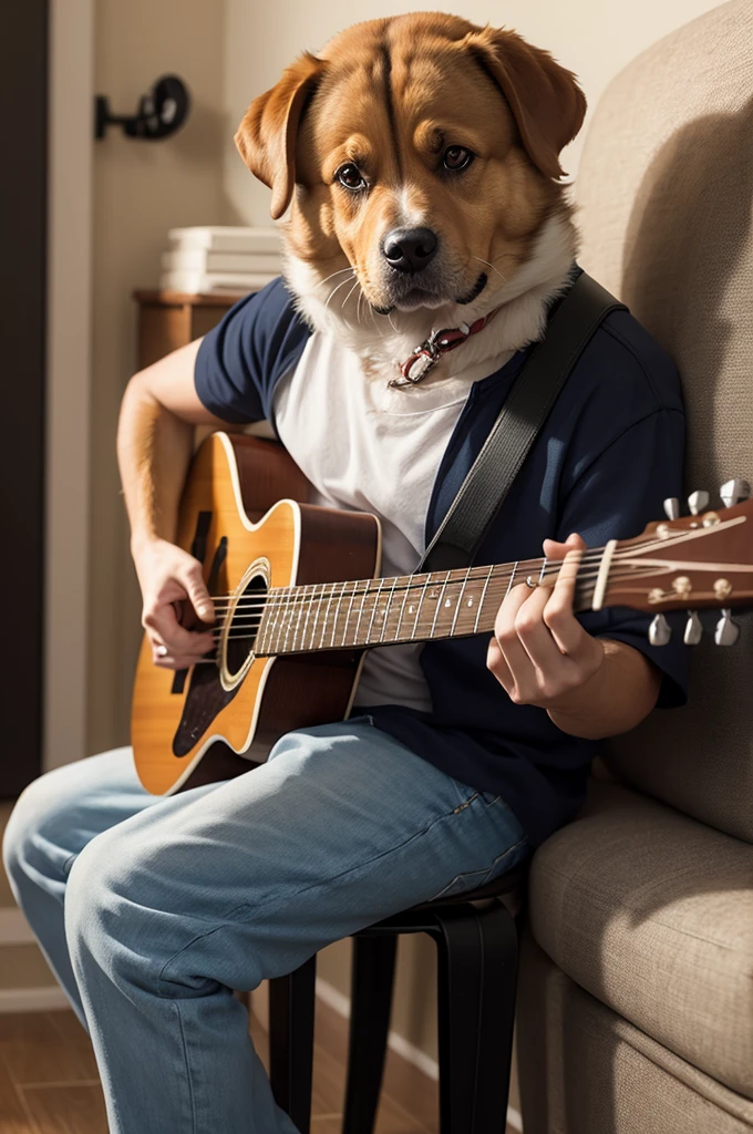 Half-human dog playing guitar 