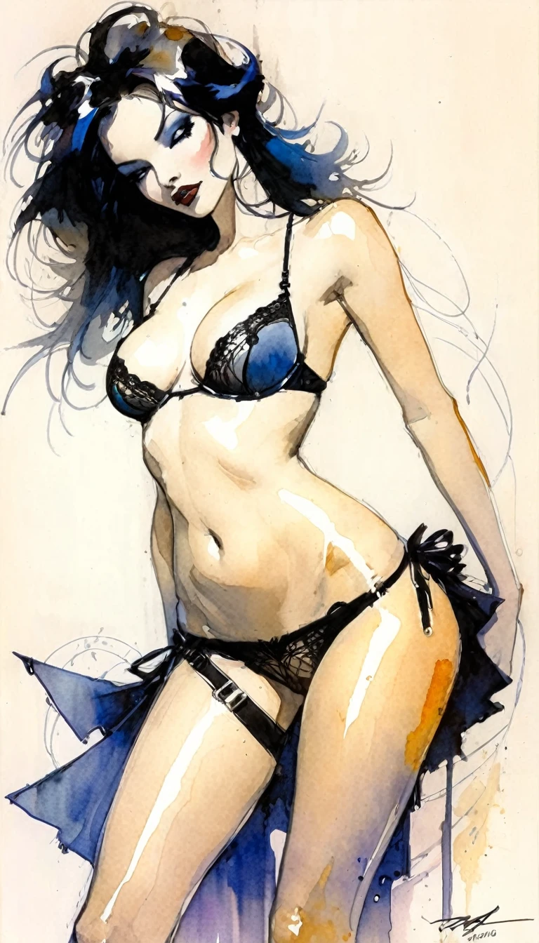 eroticism, sexy, lingerie, tmari, sketch, traditional media, pen drawing, white background (art inspired by Bill Sienkiewicz). oil painting)