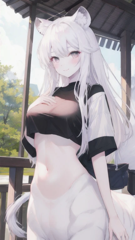 (best quality, masterpiece), 1 girl, centaur, It takes, White skin, Korean woman, black pink,Smiling, exposing the abdomen, belly button t-shirt , 아름다운 소녀 perfect white tiger photo, perfect white tiger photo