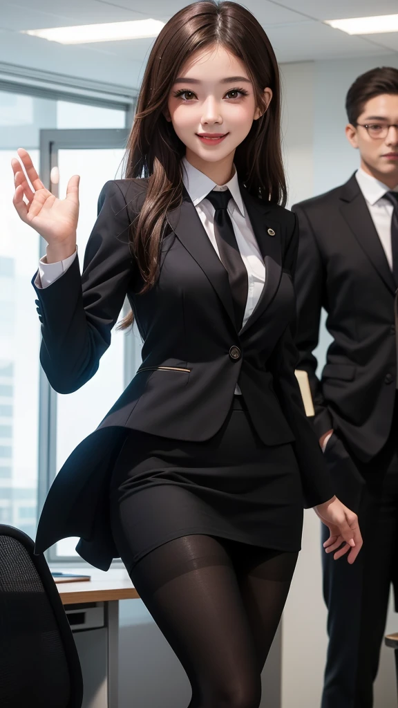 Best image quality、Ultra-high resolution、One Girl、Beautiful expression、(Black business suit,Tight Skirt,Black tights),office,smile