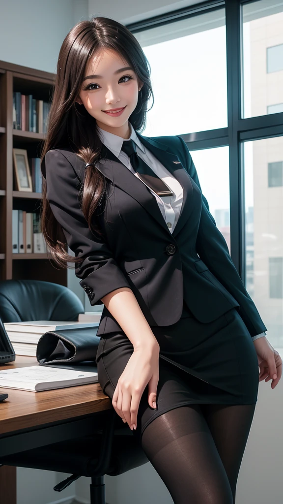 Best image quality、Ultra-high resolution、One Girl、Beautiful expression、(Black business suit,Tight Skirt,Black tights),office,smile