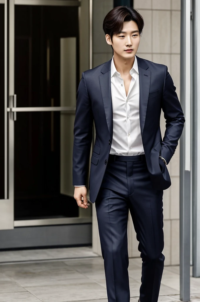 Min-ho is a man who has a calm and professional demeanor.. Is high, with a slim and elegant figure. Has dark eyes that may appear cold at first glance, but they hide an intense glow when you feel excited or intrigued. His hair is dark and is generally styled impeccably.