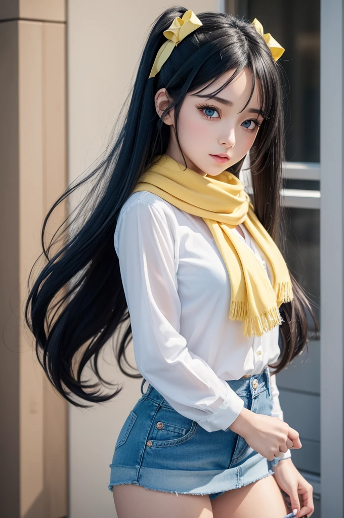 a beautiful girl in anime version with long black hair with blue eyes wearing two small white bows on her head wearing a white scarf and a light yellow blouse with a dark denim skirt along with black shorts and a leg warmer